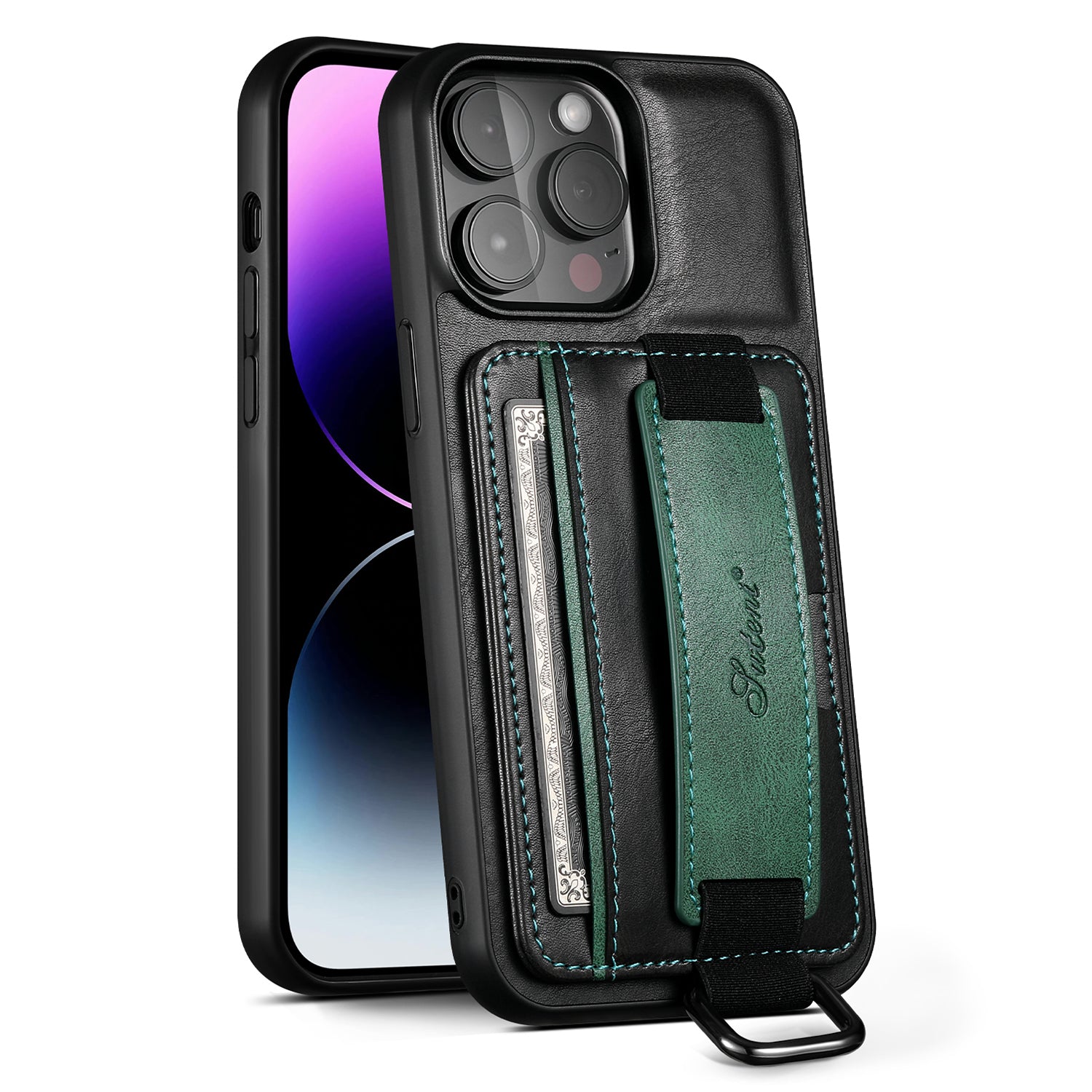 SUTENI H13 Kickstand Cell Phone Cover for iPhone 14 Pro Leather Coated PC TPU Card Slots Phone Case with Hand Strap SUTENI H13 Kickstand Cell Phone Cover for iPhone 14 Pro Leather Coated PC TPU Card Slots Phone Case with Hand Strap